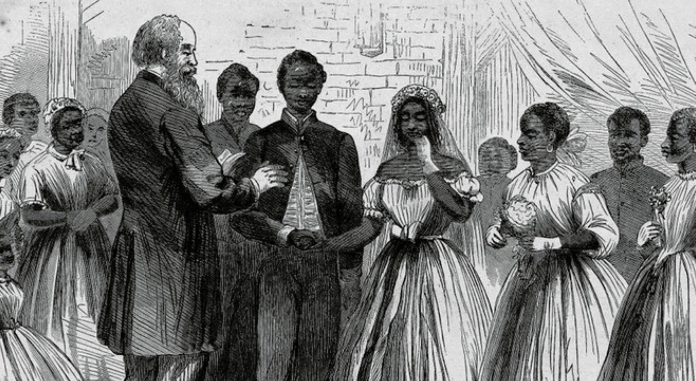 An illustration of Black people in wedding attire from a historical period of time