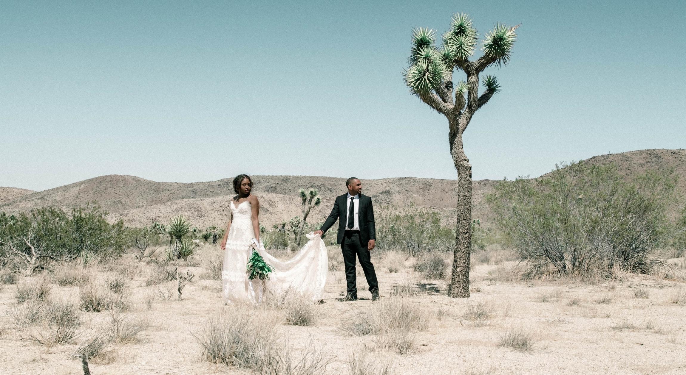 A Black couple in their wedding attire in a desert