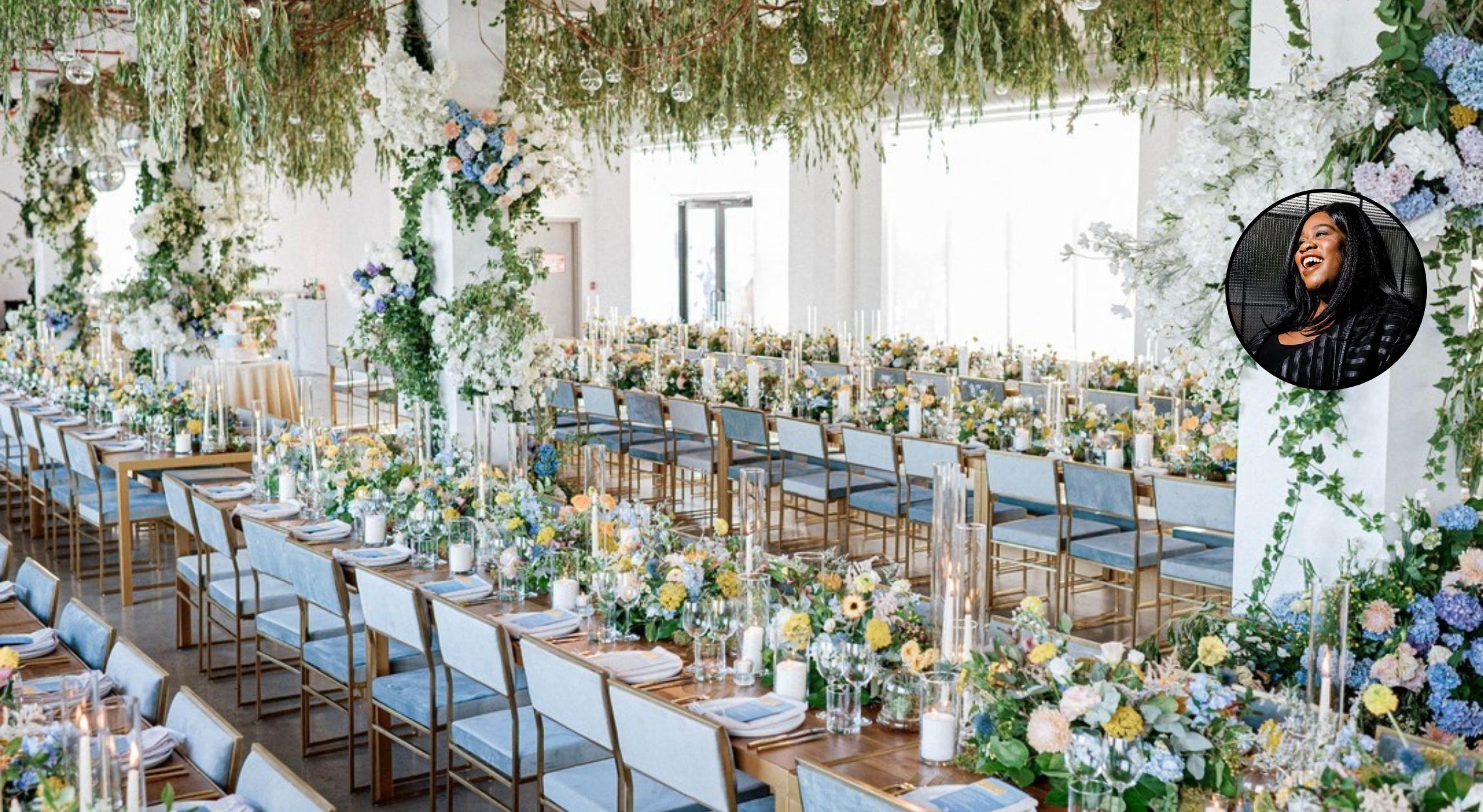 Lush wedding reception space with decorated tables filled with dinnerware and greenery
