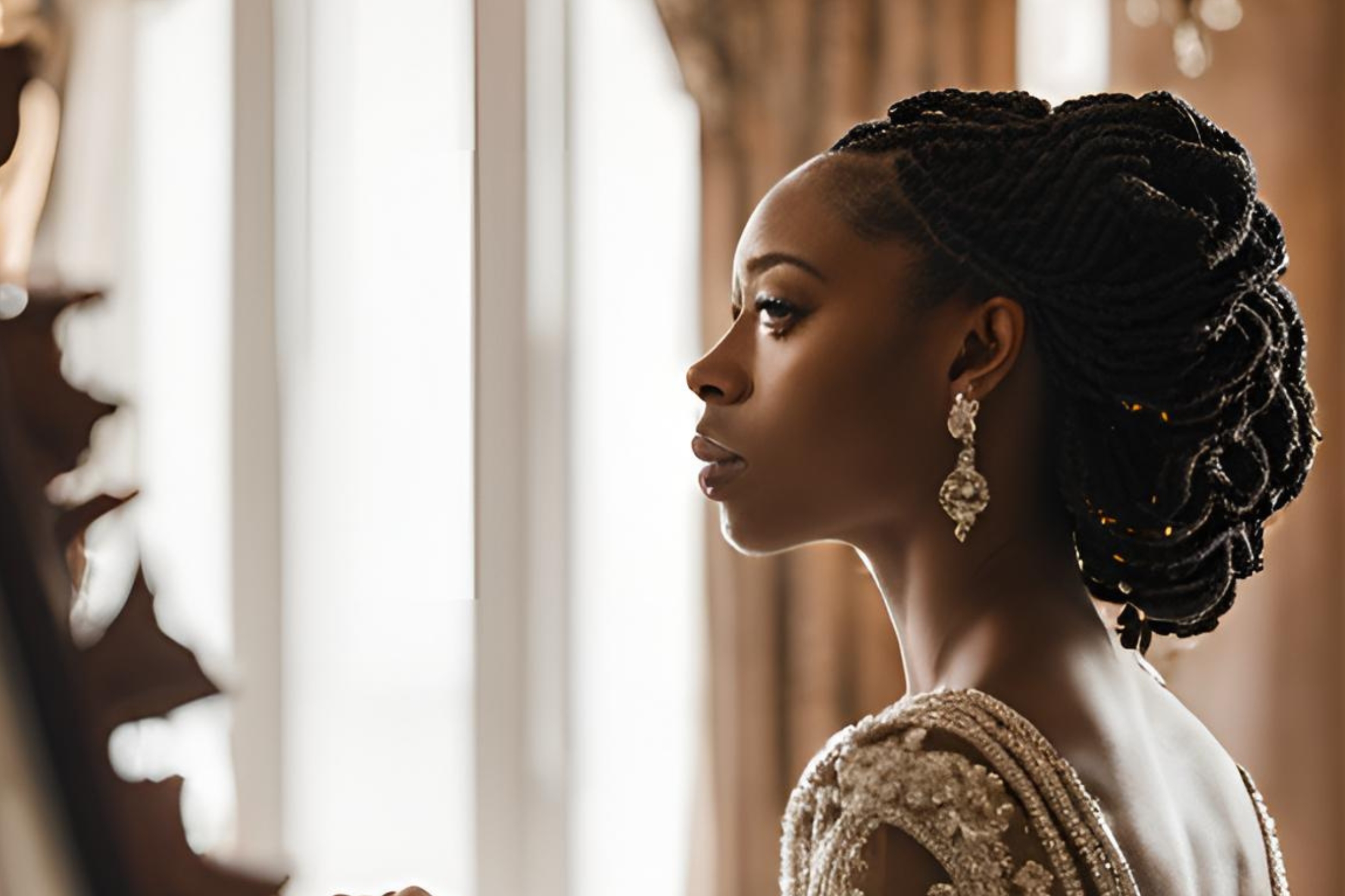 a person in a wedding dress looking at themselves in the mirror