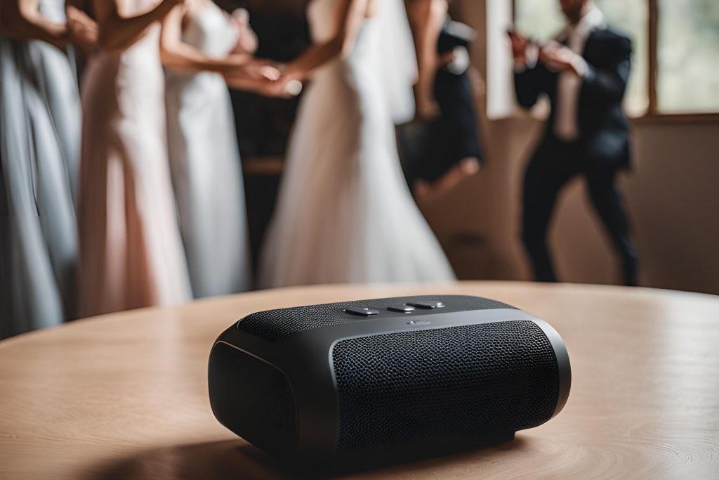 Wedding guests dancing in the background with a bluetooth speaker on the table