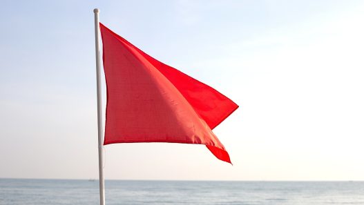 a red flag on the beach with the ocean in the background